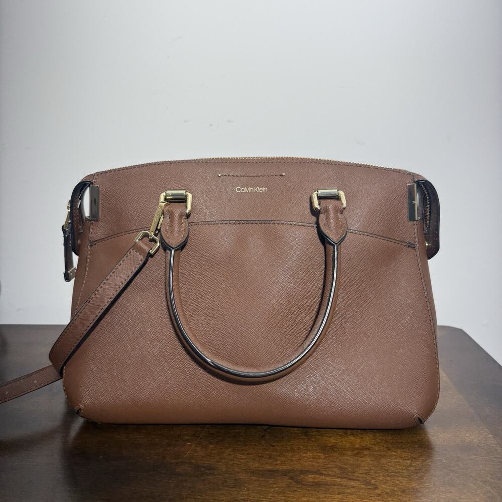 Calvin Klein Raelynn Saffiano Leather Satchel Top Zip Crossbody Purse